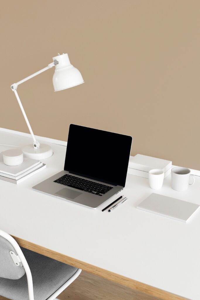 Elegant and clean home office setup featuring a laptop, lamp, and stationery on a modern desk.